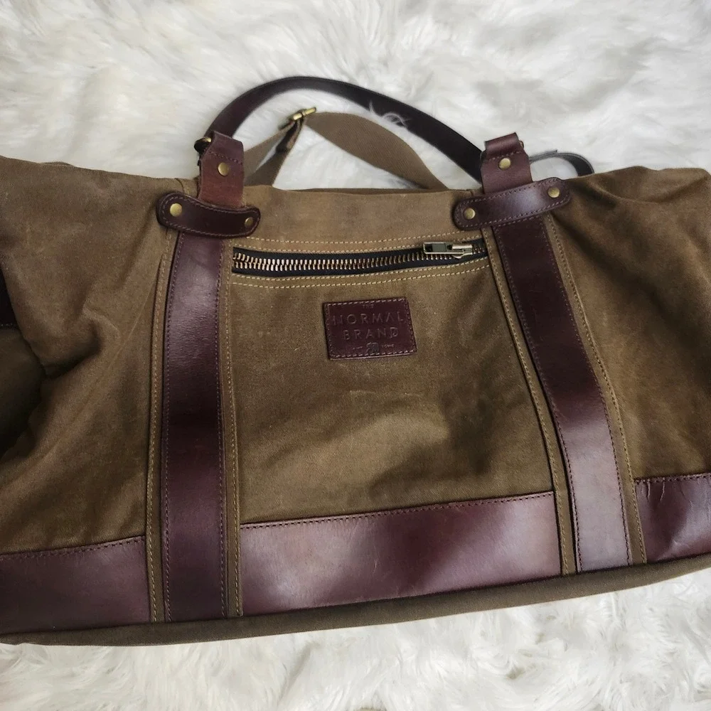 The Normal Brand Waxed Canvas Leather Duffel Bag Olive Green Weekender Travel